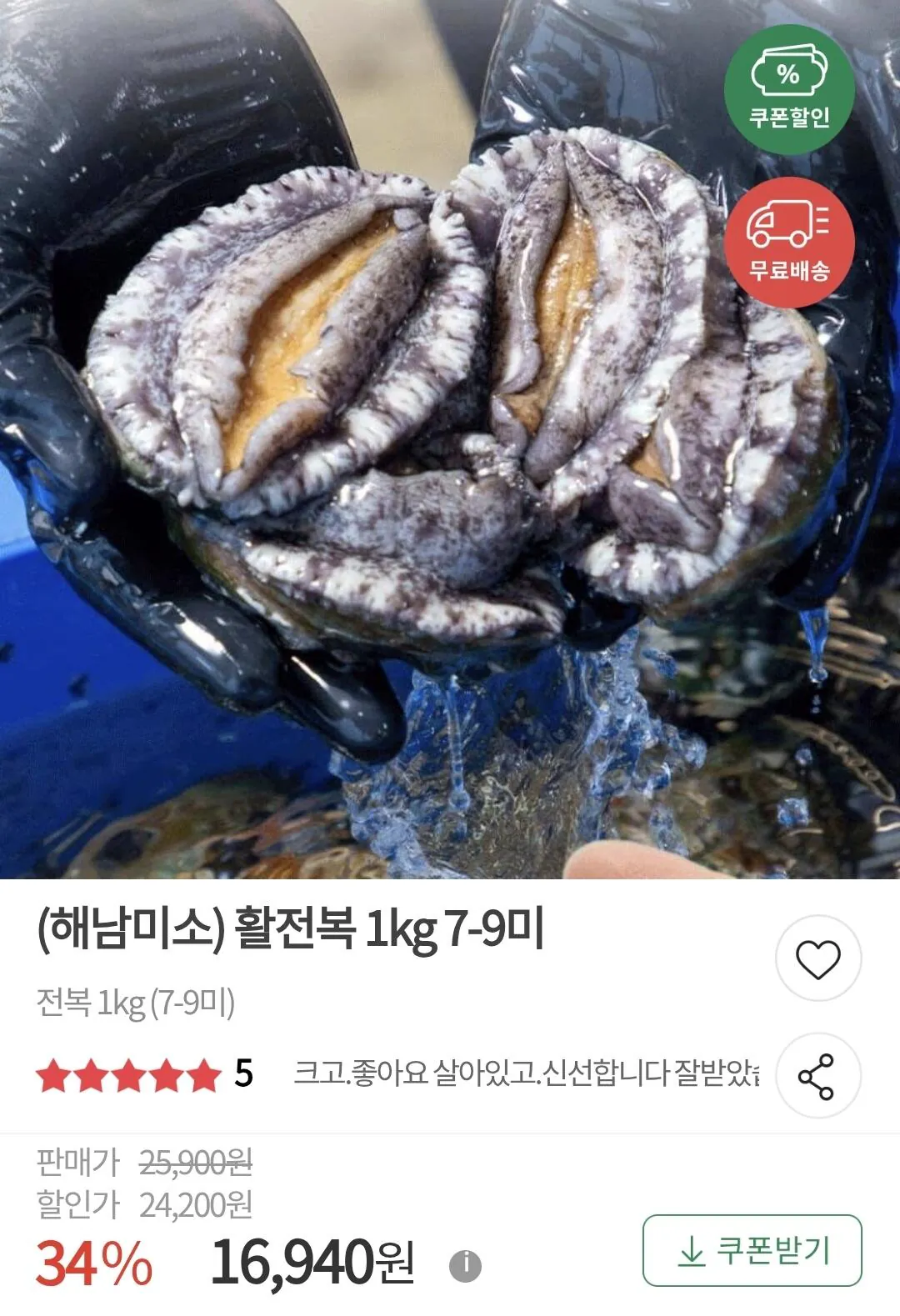 해남 활전복 1kg 7~9미 + 솔증정