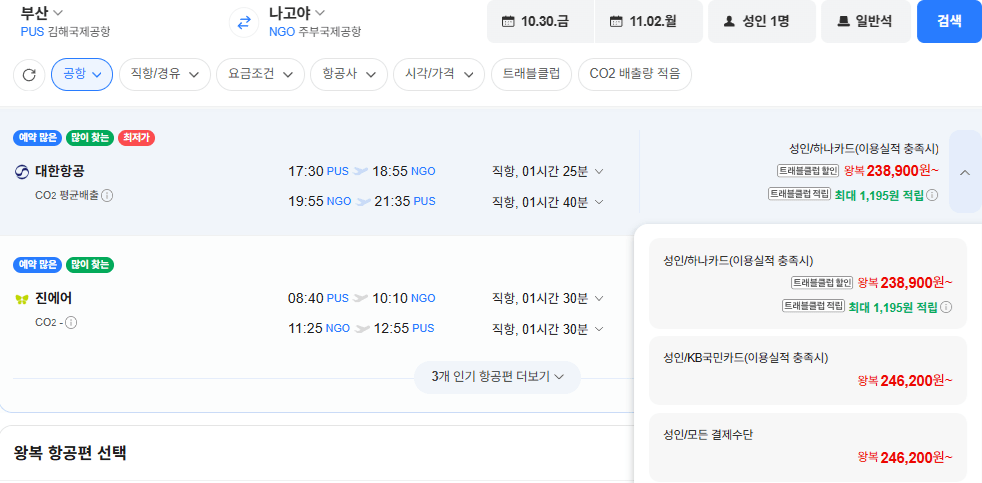부산-나고야 1030-1102 대한항공