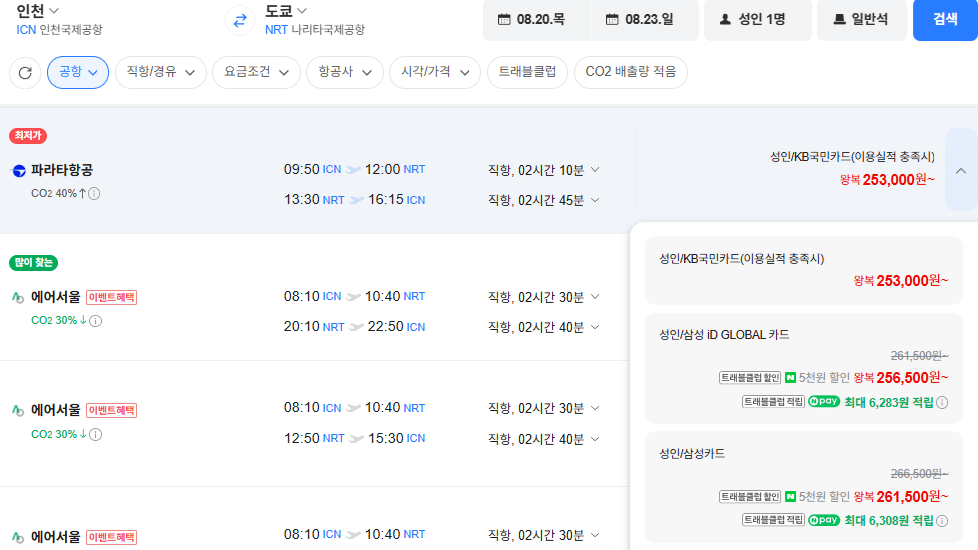 인천-도쿄 0820-0823 삼성카드